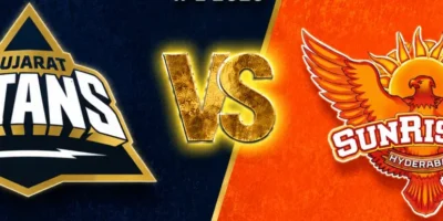 GT vs SRH IPL 2026 matchup graphic with a split navy blue and orange textured background, Gujarat Titans logo on the left, Sunrisers Hyderabad logo on the right, and a glowing gold “VS” emblem centered beneath ATS IPL 2026 branding.