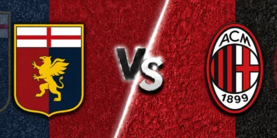 VGenoa vs AC Milan match banner with both club crests on split navy, red and black textured backgrounds, separated by a glowing diagonal line and a metallic VS graphic in the center.