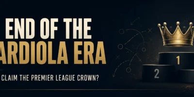 Minimalist dark editorial banner reading “The End of the Guardiola Era” with the subheading “Who Will Claim the Premier League Crown?”, featuring a golden crown above a winner’s podium, subtle tactical markings, and a floodlit stadium backdrop.