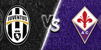 Juventus vs Fiorentina match banner with both club crests on split black and purple textured backgrounds, separated by a glowing diagonal line and a metallic VS graphic in the center.