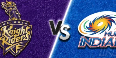Kolkata Knight Riders vs Mumbai Indians match banner with both team logos on split purple and blue textured backgrounds, separated by a glowing diagonal line and a metallic VS graphic in the center.