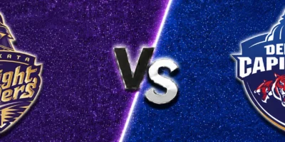 Kolkata Knight Riders vs Delhi Capitals match prediction banner with the KKR crest on a purple textured background and the Delhi Capitals crest on a deep blue textured background, separated by a bold central “VS” graphic.