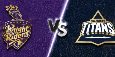 Kolkata Knight Riders vs Gujarat Titans match banner with both team logos on split purple and navy textured backgrounds, separated by a glowing diagonal line and a metallic VS graphic in the center.