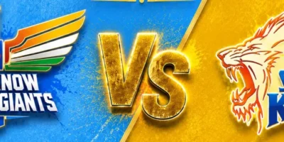 LSG vs CSK IPL 2026 prediction banner with Lucknow Super Giants on a light blue background, Chennai Super Kings on a yellow background, and a glowing gold VS graphic in the center.