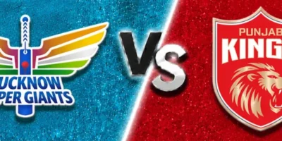 Lucknow Super Giants vs Punjab Kings match prediction banner with the LSG crest on a light blue textured background and the Punjab Kings crest on a red textured background, separated by a bold central “VS” graphic.