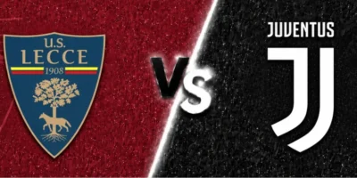 Lecce vs Juventus matchup banner featuring Lecce’s crest on a textured deep red background, Juventus’ black-and-white logo on a textured black background, and a glowing metallic “VS” graphic centered between the two teams.