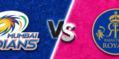 Mumbai Indians vs Rajasthan Royals match prediction banner with the Mumbai Indians crest on a deep blue textured background and the Rajasthan Royals crest on a bright pink textured background, separated by a bold central “VS” graphic.