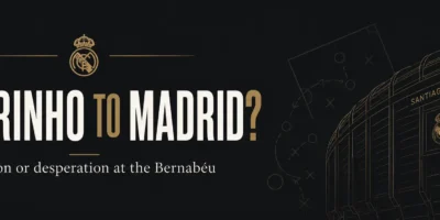 Minimalist black and gold WordPress banner reading “Mourinho to Madrid? Vision or desperation at the Bernabéu,” featuring a stylised Santiago Bernabéu stadium outline and subtle tactical football graphics.