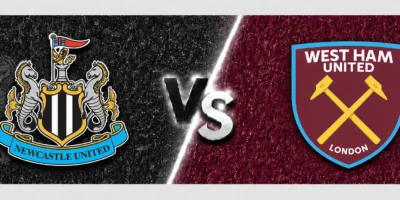 Newcastle United vs West Ham United match banner with both club crests on split black and claret textured backgrounds, separated by a glowing diagonal line and a metallic VS graphic in the center.