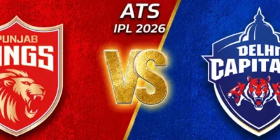 Punjab Kings vs Delhi Capitals IPL 2026 banner with red and blue split textured background, large team crests, glowing gold VS graphic, and ATS IPL 2026 branding in a wide cinematic layout.