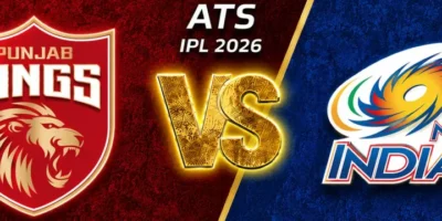 PBKS vs MI IPL 2026 prediction banner with Punjab Kings on a red background, Mumbai Indians on a blue background, and a glowing gold VS graphic in the center.