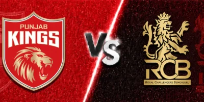 Punjab Kings vs Royal Challengers Bengaluru match banner with both team logos on split red and black textured backgrounds, separated by a glowing diagonal line and a metallic VS graphic in the center.