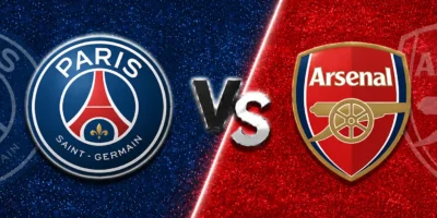 PSG vs Arsenal match graphic with the PSG crest on a blue textured background, a metallic VS in the center, and the Arsenal crest on a red textured background.