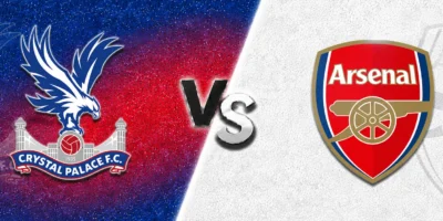 Crystal Palace vs Arsenal match prediction banner with club crests on a blue-and-red textured Palace side and a clean white Arsenal side, separated by a bold central “VS” graphic.