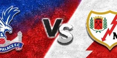 Crystal Palace vs Rayo Vallecano match graphic with the Crystal Palace crest on a blue and red textured background, a metallic VS in the center, and the Rayo Vallecano crest on a white and red diagonal sash background.