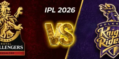 RCB vs KKR IPL 2026 prediction banner with Royal Challengers Bengaluru on a red background, Kolkata Knight Riders on a purple background, and a gold glowing VS graphic in the center.