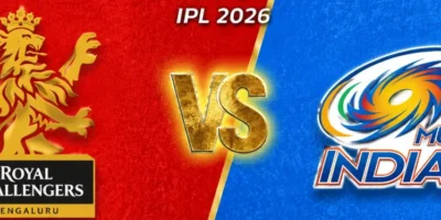 RCB vs MI IPL 2026 prediction graphic with a split red-and-blue textured background, Royal Challengers Bengaluru logo on the left, Mumbai Indians logo on the right, and a gold “VS” emblem centered beneath ATS IPL 2026 branding.
