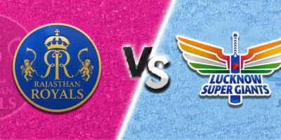 Rajasthan Royals vs Lucknow Super Giants match banner with both team logos on split pink and light blue textured backgrounds, separated by a glowing diagonal line and a metallic VS graphic in the center.