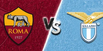 Roma vs Lazio match banner with both club crests on split maroon and light blue textured backgrounds, separated by a glowing diagonal line and a metallic VS graphic in the center.