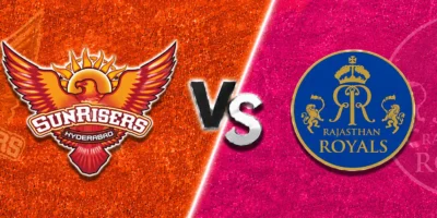 Sunrisers Hyderabad vs Rajasthan Royals match prediction banner with the SRH crest on an orange textured background and the Rajasthan Royals crest on a bright pink textured background, separated by a bold central “VS” graphic.