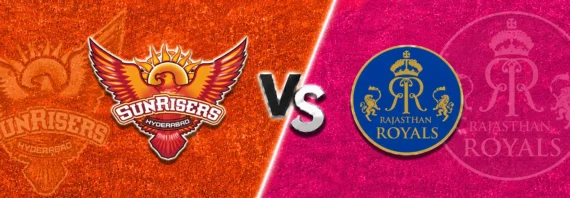 Sunrisers Hyderabad vs Rajasthan Royals match prediction banner with the SRH crest on an orange textured background and the Rajasthan Royals crest on a bright pink textured background, separated by a bold central “VS” graphic.