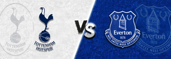 Tottenham Hotspur vs Everton match prediction banner with the Spurs crest on a clean white textured background and the Everton crest on a deep blue textured background, split by a bold central “VS” graphic.