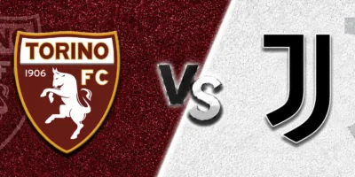 Torino vs Juventus match prediction banner with the Torino crest on a maroon textured background and the Juventus logo on a clean white textured background, separated by a bold central “VS” graphic.