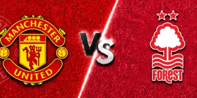 Manchester United vs Nottingham Forest match banner with both club crests on split red textured backgrounds, separated by a glowing diagonal line and a metallic VS graphic in the center.