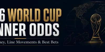 Minimalist dark banner reading “2026 World Cup Winner Odds: Sharp Money, Line Movements & Best Bets,” featuring a gold World Cup trophy, global map backdrop, rising betting trend lines, and sportsbook-style odds graphics.
