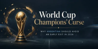World Cup Champions’ Curse banner featuring a gold trophy surrounded by shattered ring fragments, with Argentina-inspired blue and white ribbons on a dark stadium background.