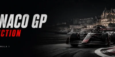 Minimalist Monaco GP prediction banner featuring large white “Monaco GP” text and red “Prediction” text on a dark background, with a Formula 1 car on the Monaco street circuit at night beside the harbor and Monte Carlo skyline.