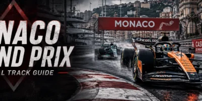 Monaco Grand Prix Official Track Guide banner featuring a Formula 1 car racing through the streets of Monte Carlo in wet conditions, with the Monaco harbor, luxury yachts, city skyline, and Casino de Monte-Carlo branding in the background. Large distressed white text reads “Monaco Grand Prix” with ATS branding and “Official Track Guide” displayed on a dark black-and-red design.