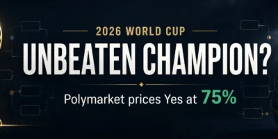 2026 World Cup unbeaten champion betting graphic with a gold trophy, tournament bracket details and Polymarket Yes price shown at 75%.