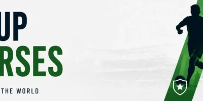World Cup Dark Horses banner with bold navy and green text, silhouetted soccer players, and colored panels on a minimalist stadium background.