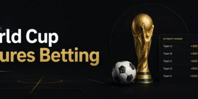 World Cup futures betting banner with a gold trophy, soccer ball, odds board and upward trend line on a dark stadium background.