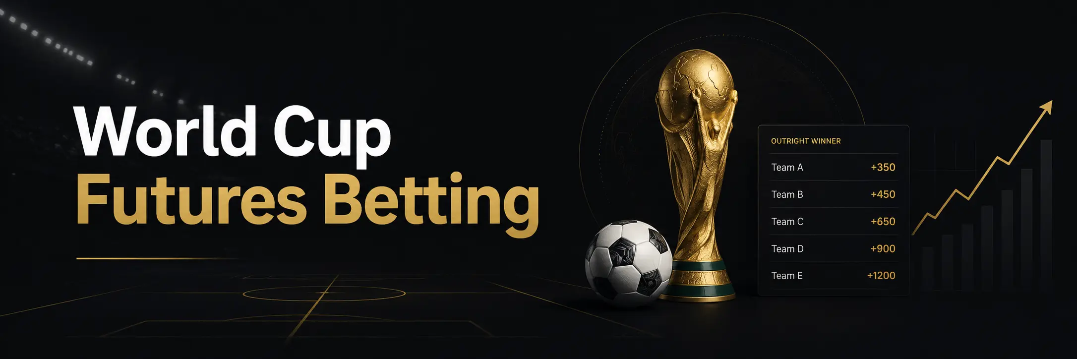 World Cup futures betting banner with a gold trophy, soccer ball, odds board and upward trend line on a dark stadium background.